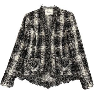 CABI Tweed Shag Fringe Jacket Women's 2 Black White Check Plaid Career Academia